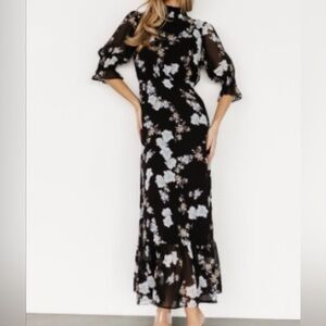 NWT Black Floral Mock-Neck Maxi Dress with Ruffle Hem